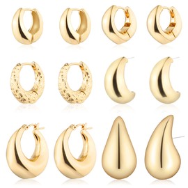 wgoud Wgoud 6 Pairs Gold Hoop Earrings Set for Women, 14K Gold Plated Hypoallergenic Lightweight Chunky Open Huggie Hoops Earrings Jewelry for Gift. (6 gold hoops set)