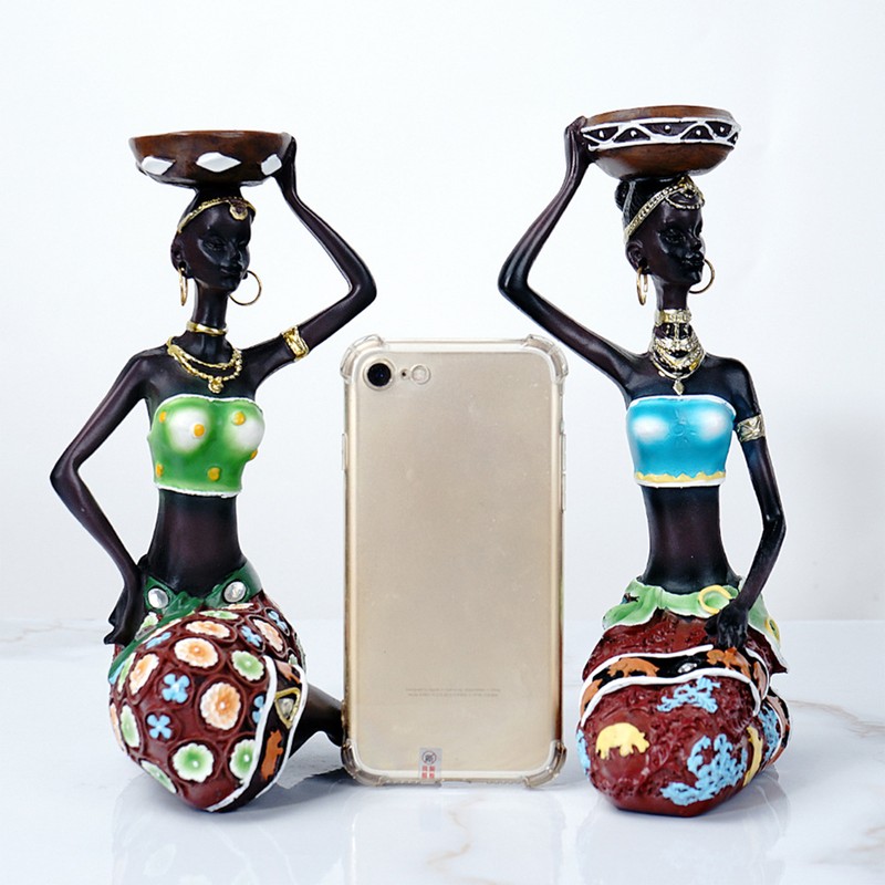 2PCS Vintage African Women Statue Candle Holders Resin Figurines Fits