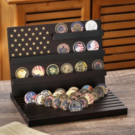 Threehoney 1 Pcs Challenge Coin Display Stands 11 Rows Military Coin Holder Wooden Rack Holds 80 Coins Collectible Case with Removable Board Rows Display American Flag