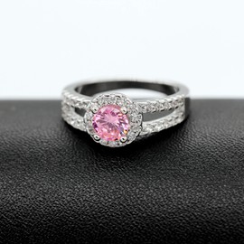 Uloveido White Gold Plated Round Cut Lab Created Pink Diamond Bridal Rings Split Shank Birthstone Ring (Pink, Size Q) J510