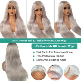 Lace Front Wigs Human Hair 180% Density 13x4 Frontal Wigs Human Hair for Black Women Silver Grey Glueless HD Lace Front Wigs Human Hair Pre Plucked with Baby Hair for Women 18inch