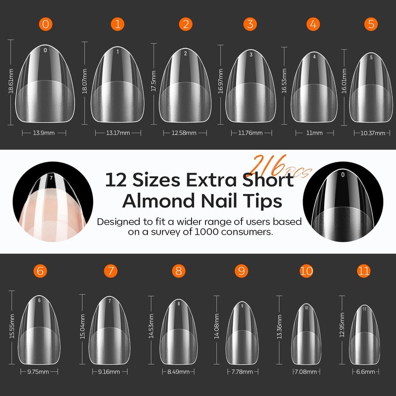 Modelones Nail Tips, 216 Pieces, Full Cover Nail Tips Set,
