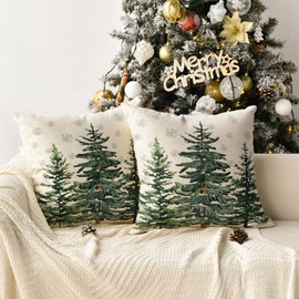 AVOIN colorlife Christmas Trees Snowflake Throw Pillow Covers Set of 2, 16 x 16 Inch Winter Holiday Cushion Case Decoration for Sofa Couch