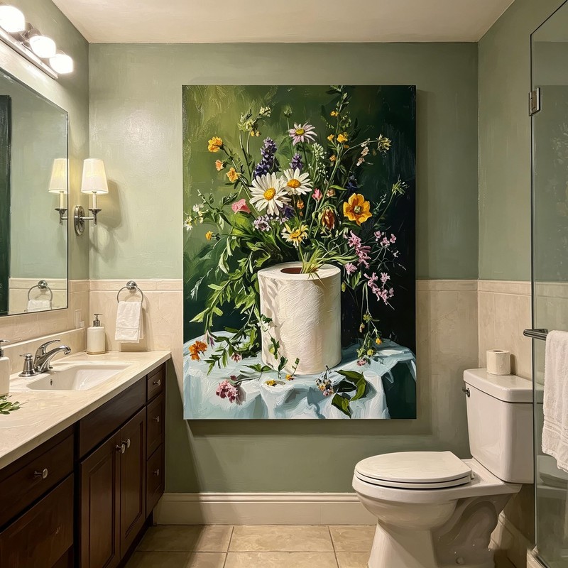 Funny Floral Toilet Paper Canvas Farmhouse Bathroom Framed Ready To
