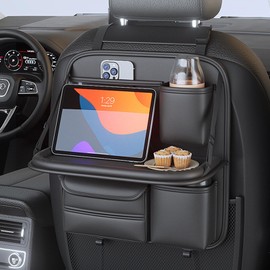 Ycpasta Foldable Car Table for Backseat Headrest with Big Pockets Waterproof Leather,Seat Organizer for Backseat,Back Seat Car Organizer with Tray