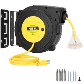 SURAIELEC 12 Gauge Extension Cord Reel, 45 FT Retractable Extension Cord, 12 AWG/3C SJTOW Heavy Duty Power Cord, 15 AMP Circuit Breaker, Lighted Triple Tap, Ceiling or Wall Mount, UL Listed