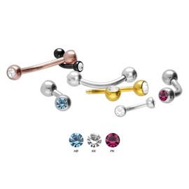 PIERCINGLINE Titanium Banana, 2 Crystals, Curved Piercing Bar for Eyebrow, Ear, Lip, Genital Chest, Choice of Colours and Sizes, Titanium