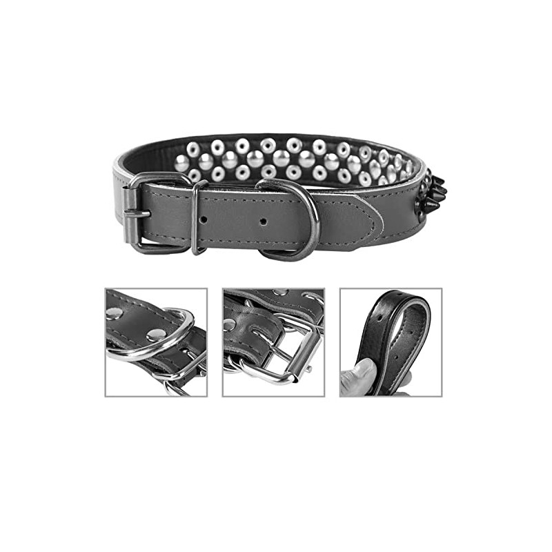 Pimaodog Spiked Studded Dog Collar, Genuine Leather Dog Collar, Adjustable