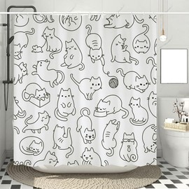 cokomi Cat Shower Curtains for Bathroom, Black and White Cute Cartoon Colorful Kittens Funny Cat Shower Curtain for Kids, Waterproof Fabric Animal Print Bathroom Decor with Hooks 71x71 Inches