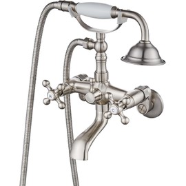 Clawfoot Tub Faucet with Hand Held Bathtub Faucet, Tub Shower Kit Victorian Double Cross Handle, 6 Inch Center Adjustable Swing Arms Tub Mount Short Adapter Antique Brass (Brushed Nickel)