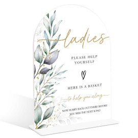 Acrylic Wedding Signs, Greenery Theme Ladies Please Help Yourself Sign, Bridal Shower Table Decor with Stand, Wedding Bathroom Basket Supplies for Engagement, Anniversary, Newlywed Event and Party, 07