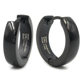 Stainless Steel Curved Face Round Hoop Earrings Polish Black 16mm Diameter