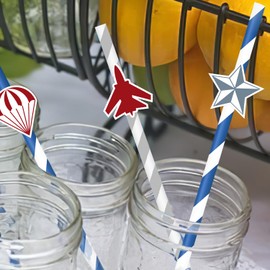 50Pcs Airplane Paper Straws Fighter Jet Party Favors Top Air Force Gun Birthday Party Decorations Military Jet Paper Striped Straw for Boys Pilot Birthday Baby Shower Aviation Party Supplies