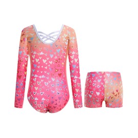 JiAmy Gymnastics Leotards for Girls Cross Back, Long Sleeve Sparkly Dance Biketards with Shorts Ballet Outfit 5-6 Years Pink