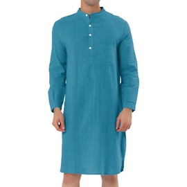 Lars Amadeus Men's Nightshirt Sleep Shirt Banded Collar Henley Shirt Pajamas Nightgown Lake Blue M