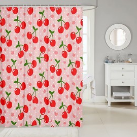 Feelyou Red Cherry Shower Curtain Girls Cherry Fruit Fabric Shower Curtains for Kids Boys Girls Yummy Food Bathroom Waterproof Accessories with 12 Hooks Botanical Leaves Curtains Pink,72x72 Inches