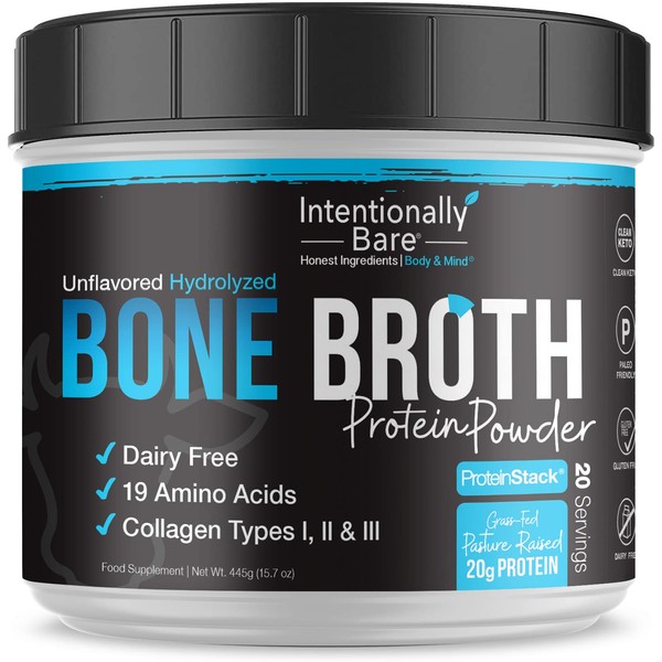 Intentionally Bare Bone Broth Collagen Peptides Powder Unflavored - Dairy Free Collagen Peptide Powder Type 1 & 3 - Pasture Raised & Grass Fed Collagen Protein Powder for Gut & Joints - 20 Servings