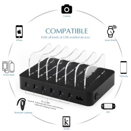 Charging Station Dock & Organizer for Cellphone Tablet Earphone MP3 MP4, PRITEK 6 Ports Multiple USB Charger Station & Phone Docking Station with Charging Status Indicator + 6pcs USB Cables (Black)