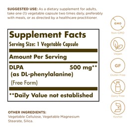 Solgar DLPA 500 mg - 100 Vegetable Capsules - Free Form DL-Phenylalanine - Non-GMO, Vegan, Gluten Free, Dairy Free, Kosher - 100 Servings