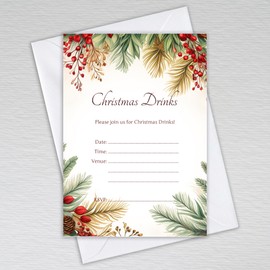 Christmas Drinks Invitations, Party Invitation Cards and Envelopes: Red Berries and Fern Christmas Drinks Invites (Pack of 20 with Envelopes)