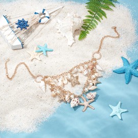 PH PandaHall Mermaid Shell Necklace Trendy Natural Shell Bib Beach Necklaces Starfish Conch Mermaid Costume Accessories with Chains and Clasps Mermaid Costume Jewelry for Women, Golden,19.6"