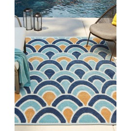Unique Loom Belize Outdoor Collection Area Rug - Dangriga (7' 10" x 10' Rectangle, Blue/ Orange)