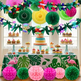 14Pcs Hawaiian Paper Fan Pom Poms Party Decorations Set, Tropical Garland Tissue Paper Hibiscus Flower Summer Banner for Birthday Baby Shower Wedding Beach Theme Aloha Luau Party Supplies Jungle Decor