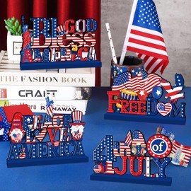 cuixinclt 4th of July Decorations Table Wooden Sign Gnome Freedom God Bless America Table Tiered Tray Decor for Veterans Memorial Independence Day Party Supplies