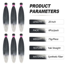 MEZIRU 20 Inch Pre Stretched Braiding Hair Extensions For Braids 6Pcs/Packs Yaki Straight Hair For Braiding Synthetic Hot Water Setting Twist Braid Hair For Women(20" 6Pcs #1b/Silver)