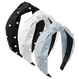 Mirlern 3-Piece Knotted Pearl Headbands Set, Top Knot Wide Cute Headband, Non-Slip Fashion Hair Accessories for Women and Girls (Black& White& Light Blue)