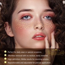 Glitter Freckles Face Tattoo, 10 Pcs Glitter Freckles, Gold Face Glitter Makeup Speckles, Glow Up Sparkle Makeup Patches - Cute Glitter Makeup Accessories for Women (Gold-015)