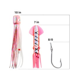 OCEAN CAT Teaser Chain Trolling Lure Saltwater Fishing Lure Bag with Circle Hook and Fishing Line Fully Rigged Teasers for Wahoo Tuna Marlin Mahi Mahi (#036-Pink, 10in+7in+8/0)