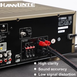 HANNLINTE 14 AWG HD Premium Soft Touch HiFi Speaker Cable with Banana Plugs (2 Pack, 10 Feet) 14 Gauge Banana Wire for Bi-Wire Bi-Amp HiFi Surround Sound Oxygen-Free Copper - Black