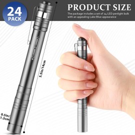 Rossesay 24 Pack Christmas Mini Pen Flashlights Bulk Gifts LED Pen Lights Aluminum Pocket Flashlights with Clips Small Handheld Torches for Men Camping Hiking Emergency Outdoor (Silver Gray)