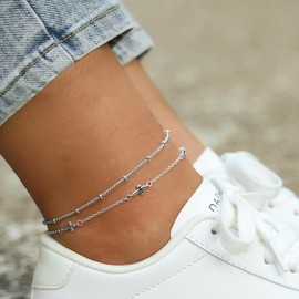 JANDY SHINE Cross Anklets for Women Silver Ankle Bracelets Waterproof Beaded Chain Dainty Layered Summer Beach Foot Jewelry Adjustable 2Pcs