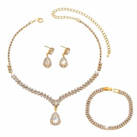 FDEETY Jewellery Set Rhinestone Necklace Bracelet Earrings Sets Prom Costume Jewellery Set Bridal Wedding Party for Women and Girls, Alloy Steel
