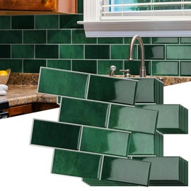 MOONFUN 10 Sheet Thicker Subway Tiles Dark Green Peel and Stick Backsplash,12.6"x10.6" Self Adhesive Wall Tile Stick on Splashback for Kitchen and Bathroom