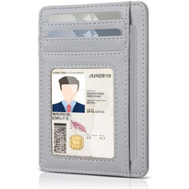 Teskyer Mini Wallet Men's Small Card Case, PU Leather Slim Card Case, RFID Protection, Minimalist, with ID Window and Quick Access Compartment, Lichee Light Grey, Minimalist