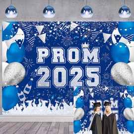 Blue Silver Prom Backdrop 2025 Graduation Photography Background 7x5FT Congrats Grad Prom Party Decorations Photo Props