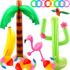 Cotiny 18 Pack Beach Party Inflatable Palm Tree Cactus Ring Toss Beach Ball Parrot Banana for Hawaiian Party Decor Inflatable Beach Toys