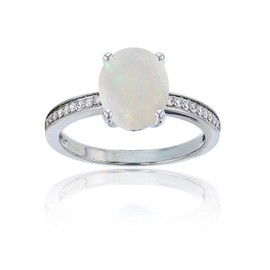 Sterling Silver Rhodium 1mm Round Created White Sapphire Channel Set & 10x8 Oval Opal Engagement Ring