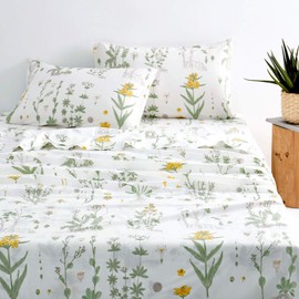 Wake In Cloud - Botanical Sheet Set, Yellow Flowers and Green Leaves Floral Garden Pattern Printed on White, Soft Microfiber Bedding (4pcs, King Size)