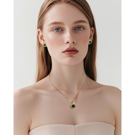 Teppdfann Emerald Jewelry Set for Women 14K Gold Plated Green Necklace and Earrings Set with May Birthstone Floral Edge Design Sparkling for Evening Party and Dance Party