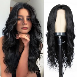 Long Black Wig for Women 26 Inch Middle Part Wavy Women Charming Wigs Realistic Natural Looking Synthetic Heat Resistant Fiber Wig for Daily Party Use