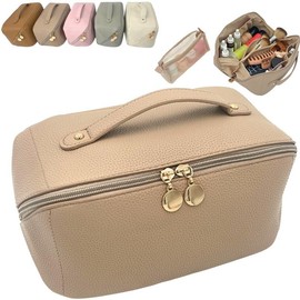 JAZD Large Checkered Travel Cosmetic Bag, Vegan Leather Toiletry Bag with Wide Opening Design toiletry built-in organizer - Color: BEIGE