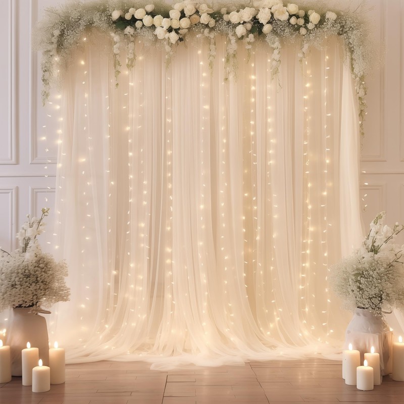 10×10ft White Tulle Backdrop Curtain with Lights String for Parites,