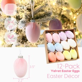 Sea Team 12-Pack Colorful Flocked Velvet Cloth Easter Egg Ornaments, Hanging Easter Tree Decorations, Basket Stuffers, Plastic Baubles for Egg Hunt, Wreath, Garland, DIY Painted Handcraft, Macaron