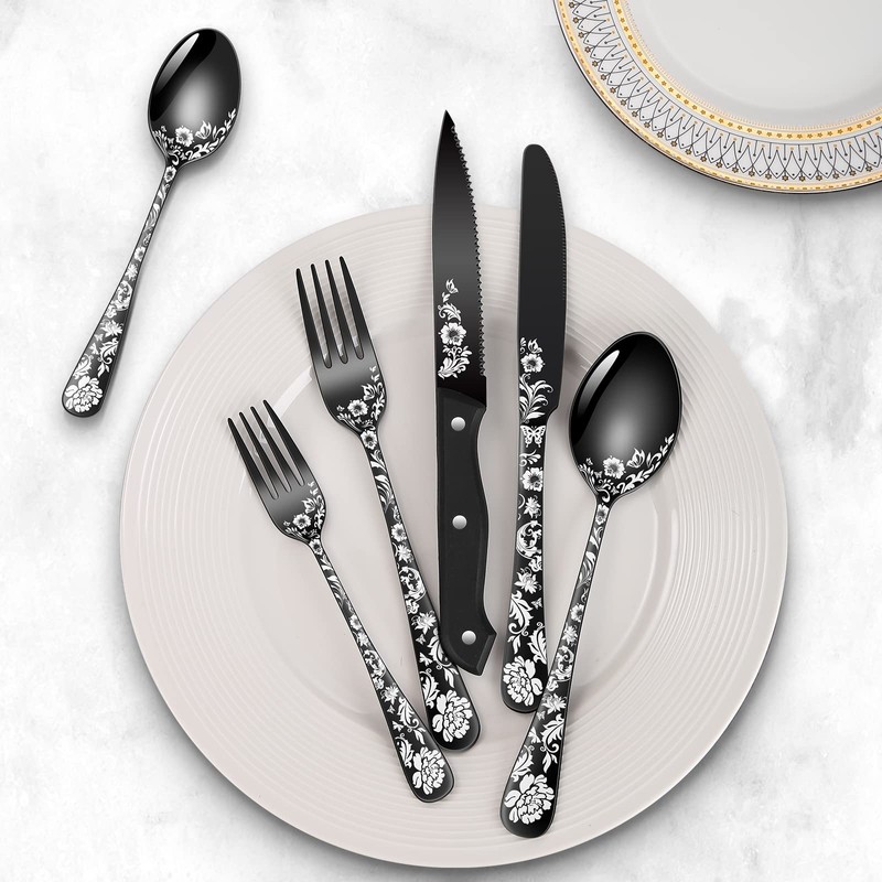 24-Piece Black Silverware Set with Steak Knife, Black Flatware Sets