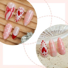 Cute Pink Press on Nails Medium Almond French Tip Fake Nails Bow Heart Stick on Nails French Grid Dots False Nails with Designs Glossy Full Cover Acrylic Nails Holiday DIY Art for Women 24Pcs