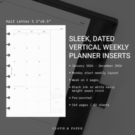 Cloth & Paper 2026 Monthly Planner Inserts | Monday Start | Half Letter Size 5.5 x 8.5 Inches | 6-Ring Refills | Jan–Dec Organizer | 29 Double-Sided Pages | Thick Premium Paper